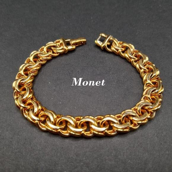 Vintage Monet Gold Plated Link Bracelet, 7 1/2 Inches, Fold Over Clasp - Picture 1 of 11
